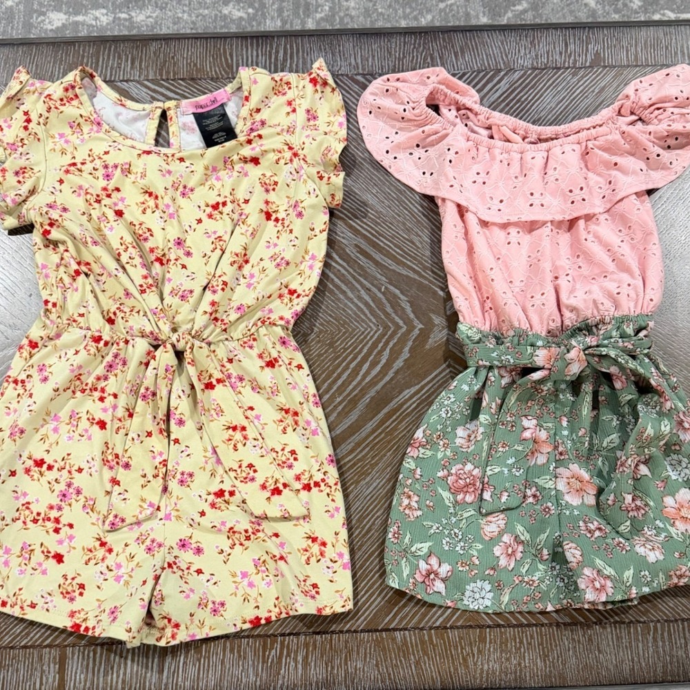 Paper Doll Girls Floral Romper Lot 2 Yellow Pink Eyelet Lace Shorts S 7/8